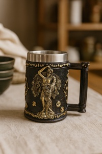 cană decorativă cu relief aurit al unei zeițe și simboluri de bani norocoși