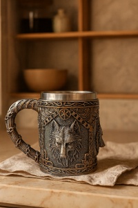 cană decorativă vintage din rășină și metal cu relief cap de lup