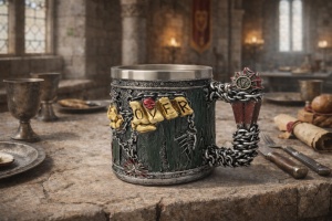 Cana decorativa steampunk cu pergamente, lant si detalii mecanice fantasy
