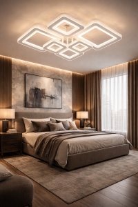 Lustră LED modernă cu mai multe rame pătrate suprapuse, cu lumină caldă difuză și design geometric elegant
