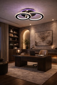 Lustră LED modernă cu două cercuri luminoase și cristale acrilice, ideală pentru un iluminat elegant și decorativ în orice cameră