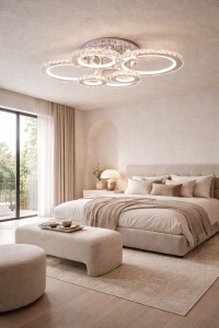 Plafonieră LED modernă cu cercuri iluminante din cristale acrilice, ideală pentru un decor elegant și luminos