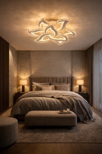 Lustră LED modernă în formă de floare, perfectă pentru living datorită designului decorativ și luminii calde uniforme