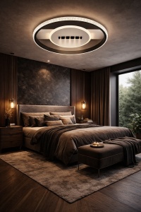 Lustră LED modernă rotundă cu ramă iluminată și design central minimalist