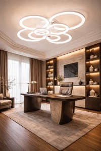 Lustră LED modernă cu cercuri suprapuse și lumină caldă, având un design fluid și elegant