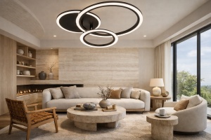 Lustră LED modernă cu design în cercuri împletite, ideală pentru dormitoare și livinguri elegante, oferind lumină uniformă și un aspect minimalist