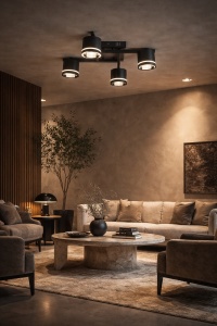Plafonieră LED modernă cu spoturi direcționabile, design negru mat și accente circulare luminoase