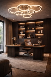 Lustră LED modernă cu inele luminoase concentrice și design geometric alb, integrată într-un decor contemporan