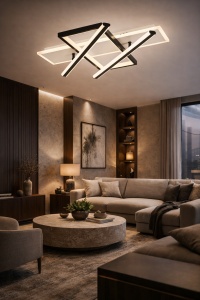 Lustră LED modernă cu elemente liniare și rame geometrice în nuanțe de negru și alb, cu iluminare caldă integrată