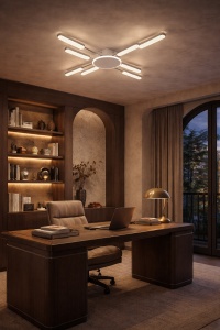 Lustră LED modernă în design geometric cu 6 brațe luminoase, ideală pentru iluminat uniform și decor contemporan