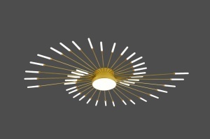 Lustră LED aurie cu design radial tip soare, având multiple brațe subțiri cu lumini integrate