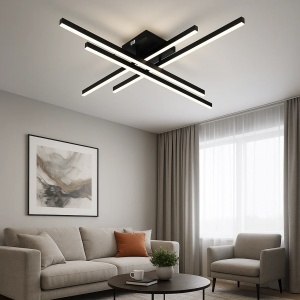 Lustră LED modernă neagră, cu bare luminoase încrucișate, perfectă pentru un decor contemporan în living sau dormitor