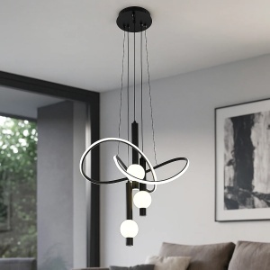 Lustră modernă suspendată cu design abstract, LED integrat și globuri luminoase opal, finisaj negru elegant, ideală pentru living, dining sau interioare contemporane