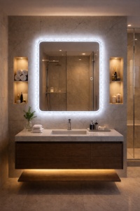 oglindă LED dreptunghiulară baie cu iluminare rece, caldă și neutră, montaj orizontal sau vertical, cu rama acrylic