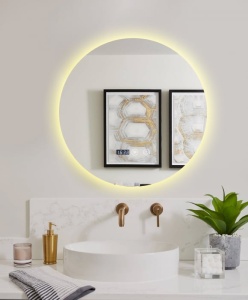 oglindă LED rotunda, moderna,  cu funcție de dezaburire, ceas digital, termometru și trei tipuri de lumină – rece, caldă și neutră