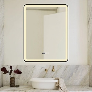 oglindă LED de baie cu ramă din aluminiu, funcție de dezaburire, afișaj digital pentru ceas și termometru, design modern cu colțuri rotunjite
