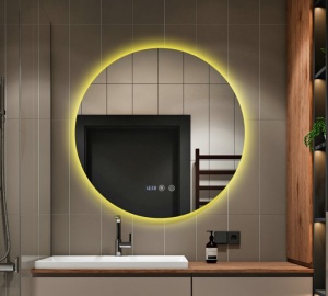 oglindă LED rotunda, moderna,  cu funcție de dezaburire, ceas digital, termometru și trei tipuri de lumină – rece, caldă și neutră