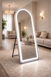 oglindă mare argintie cu ramă de aluminiu, suport și opțiune de agățare, iluminare rece, caldă și neutră
