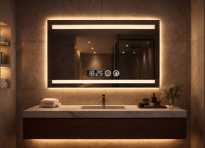Oglinda LED DECORIALE cu Dezaburire , Ceas si Termometru 90x70cm - "Nuvor"