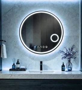 Oglinda rotunda baie cu iluminare LED si afisaj digital, design modern minimalist