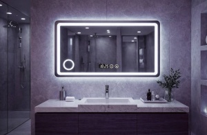 Oglinda decorativa moderna pentru baie cu iluminare LED integrata