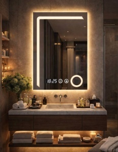 Oglinda LED DECORIALE cu Dezaburire , Ceas , Termometru si Inel pentru Cosmetica 80x60cm - "Mirador"