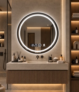 Oglinda baie LED rotunda cu rama neagra, afisaj digital si senzor de miscare