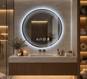 Oglinda rotunda pentru baie cu LED, ceas digital si senzor de miscare