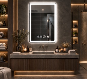Oglinda moderna pentru baie cu LED, functii smart si senzor de miscare