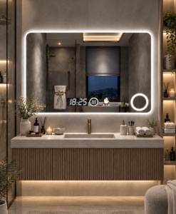 Oglinda moderna pentru baie cu LED, functii smart, inel luminos pentru cosmetica si senzor de miscare