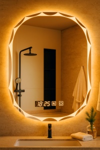 oglindă inteligentă LED ovală cu design unic, lumină rece caldă neutră, ceas și dezaburire