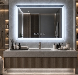Oglinda baie dreptunghiulara cu LED, display digital si functie touch