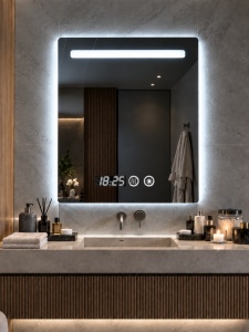 Oglinda baie dreptunghiulara cu LED, display digital si functie touch