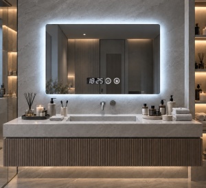 Oglinda baie dreptunghiulara cu LED, display digital si functie touch
