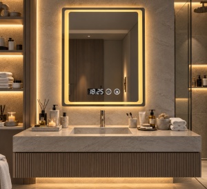 Oglinda LED Touch DECORIALE cu Dezaburire , Ceas si Termometru 80x60cm - "Corten"