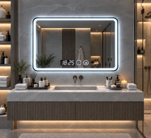 Oglinda smart dreptunghiulara cu rama neagra, ceas digital si buton touch