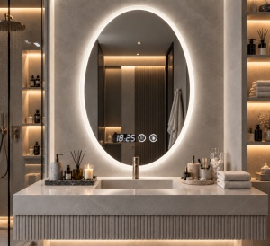 Oglinda baie LED ovala verticala cu afisaj digital si buton touch, design modern