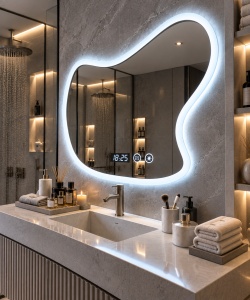 Oglinda baie LED cu forma organica, afisaj digital si buton touch, design modern