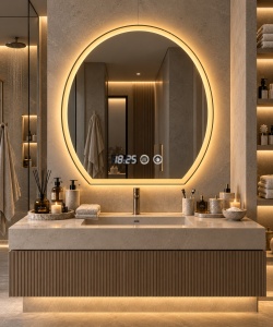 Oglinda baie LED ovala cu baza dreapta, afisaj digital si buton touch, design modern