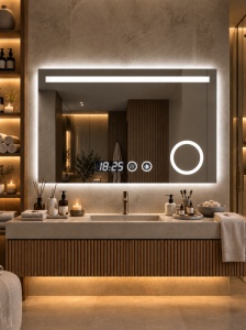 Oglinda LED pentru baie cu inel luminos cosmetic, ceas digital si buton touch