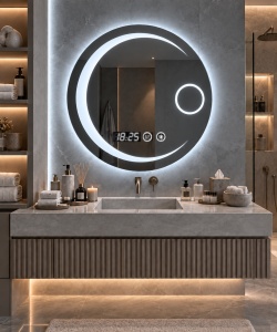 Oglinda baie LED rotunda cu afisaj digital si buton touch, inel luminos pentru cosmetica design modern
