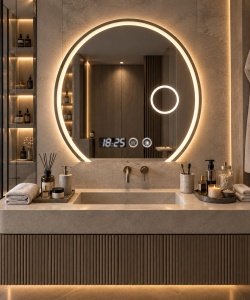 Oglinda baie LED ovala cu baza dreapta, afisaj digital si buton touch, inel luminos pentru cosmetica design modern
