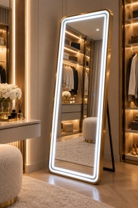 Oglinda LED verticala cu rama aurie si buton touch, design modern pentru dressing