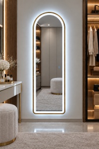 Oglinda LED verticala cu rama aurie si buton touch, design modern pentru dressing