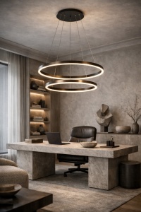 Lustră LED suspendată modernă cu două inele luminoase negre, design minimalist pentru living sau dining