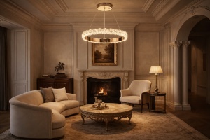 Lustră suspendată modernă tip inel cu finisaj auriu și elemente decorative, iluminat elegant pentru living