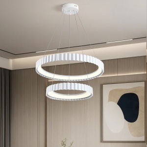 Lustră LED suspendată modernă cu două inele luminoase ondulate, finisaj alb și design contemporan, ideală pentru iluminat decorativ în living, dining sau spații elegante