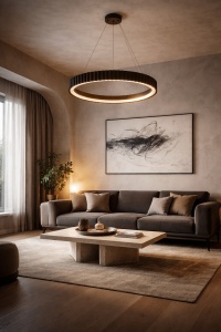Lustră LED modernă rotundă neagră, suspendată, design minimalist pentru living, iluminat decorativ eficient și elegant pentru interioare contemporane
