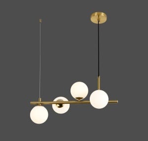 Lustră modernă aurie cu globuri din sticlă opal, design minimalist pentru iluminat decorativ în living sau dining