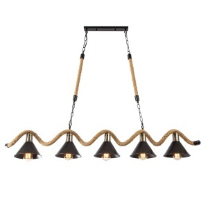 Lustră rustică suspendată cu frânghie și cinci abajururi negre, iluminat decorativ industrial